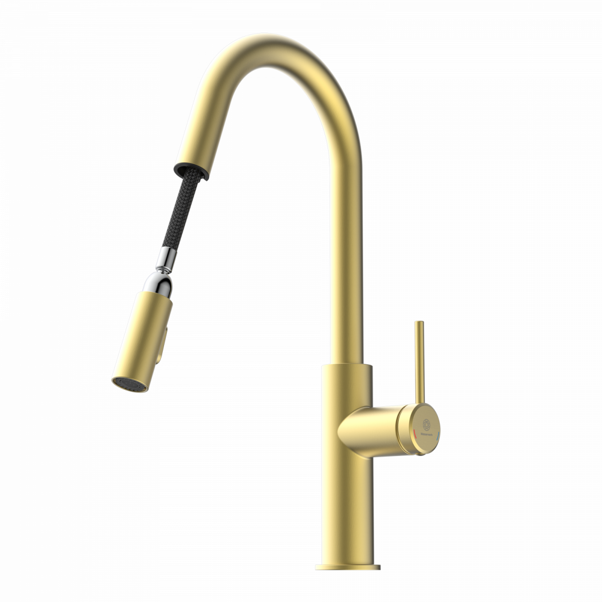 Goldene Küchenarmatur mit hohem Auslauf und ausziehbarem Brauseschlauch.