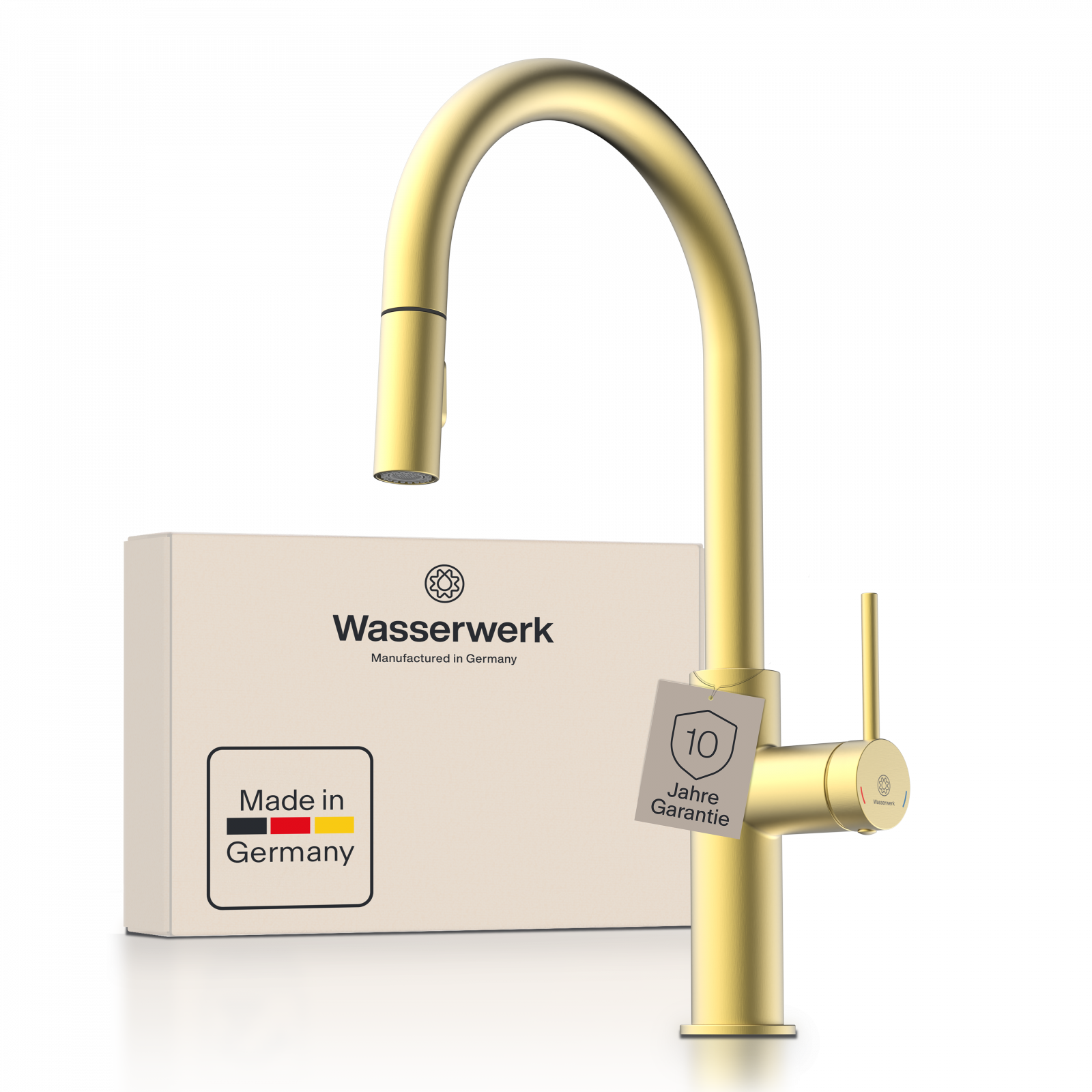 Küchenarmatur WK 13 Sphere Made in Germany, Goldoptik, herausziehbare Geschirrbrause, 2 Strahlarten, Spültischarmatur, Wasserhahn Küche, Wasserwerk